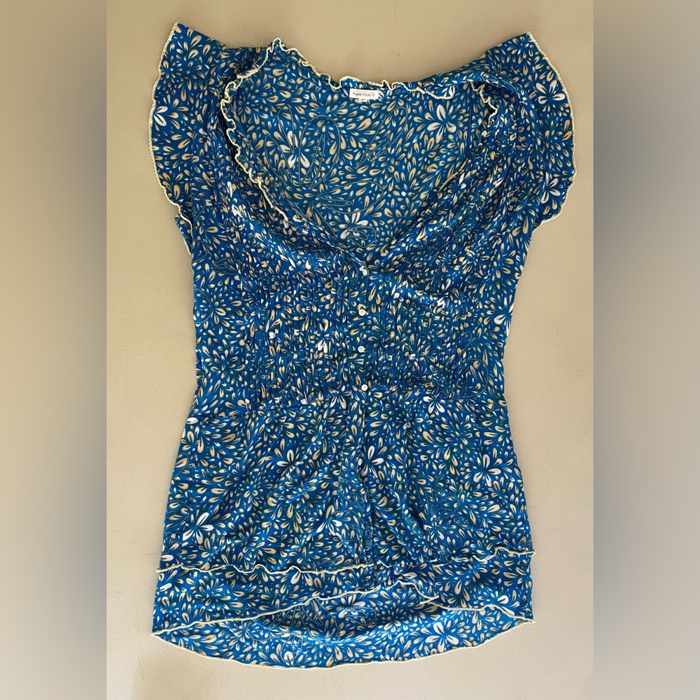 Poupette St Barth Blue Floral Ruffle Tunic Mini Dress Cover Up M